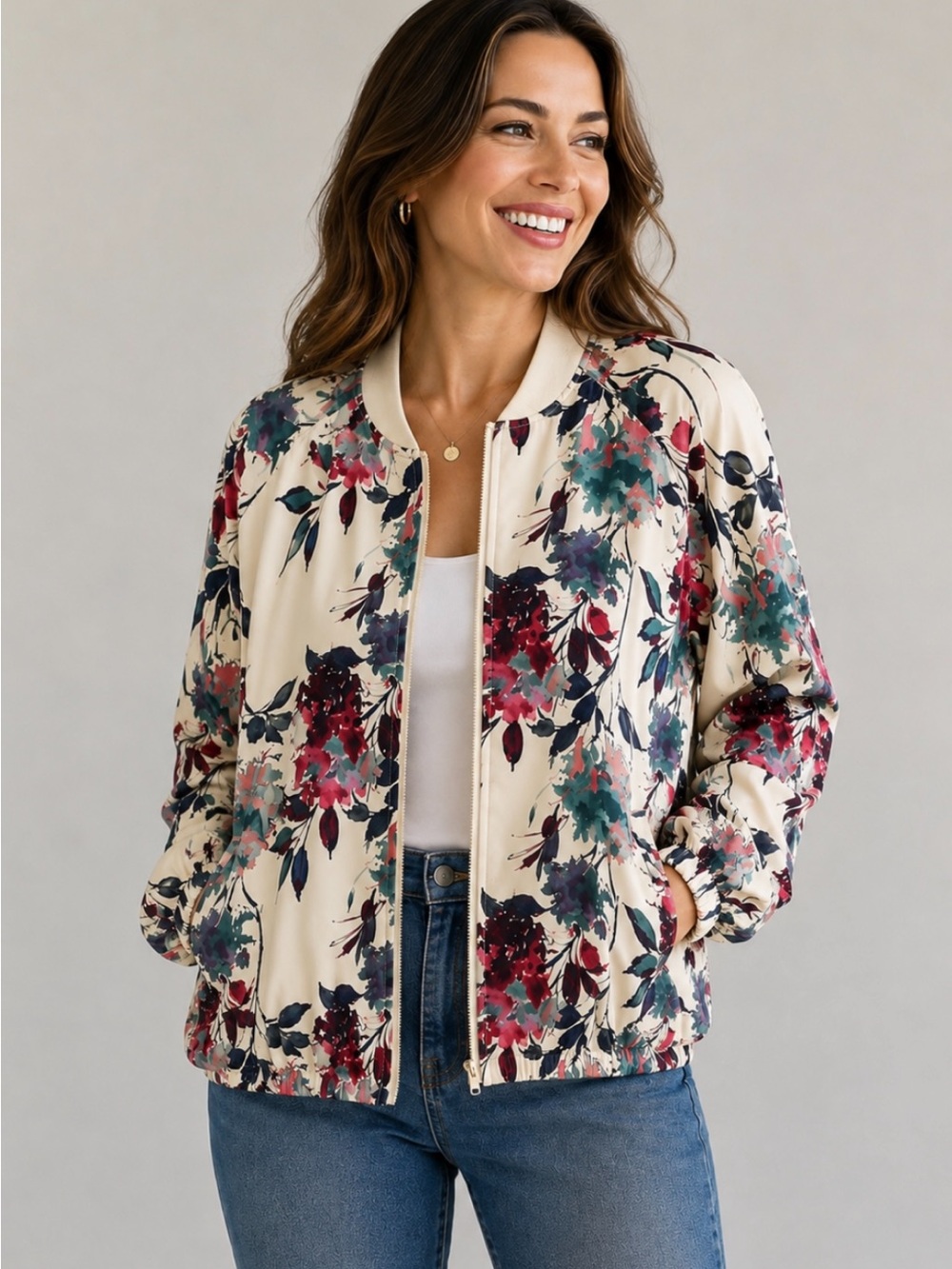 Bomber Jacket by Just Fab 2X Floral Botanical Front Zipper Lightweight